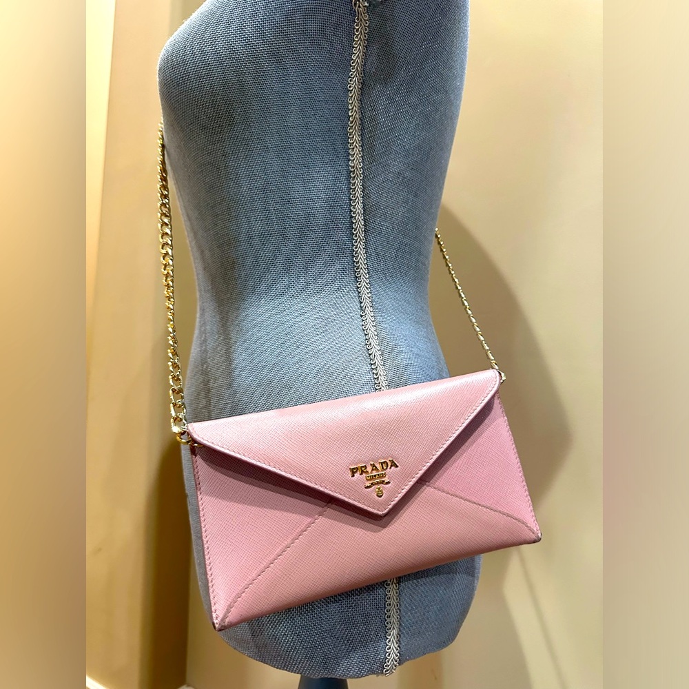 Prada Saffiano Envelope Wallet Dusty Rose w/unbranded chain
